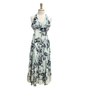 Free People Tropical Floral Halter V-Neck High Slit Boho Maxi Dress Blue size XS